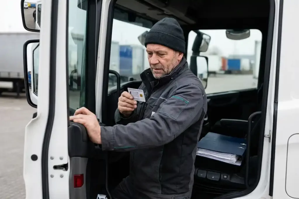 Vrachtwagenchauffeur bekijkt zijn bestuurderskaart bij de open deur van een witte vrachtwagen, logistiek depot op de achtergrond.