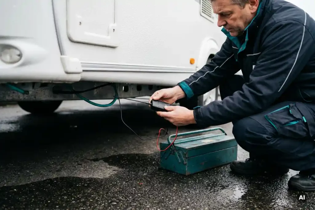 Monteur bevestigt zwarte GPS-tracker onder het chassis van een witte caravan en verbindt de voedingskabel.