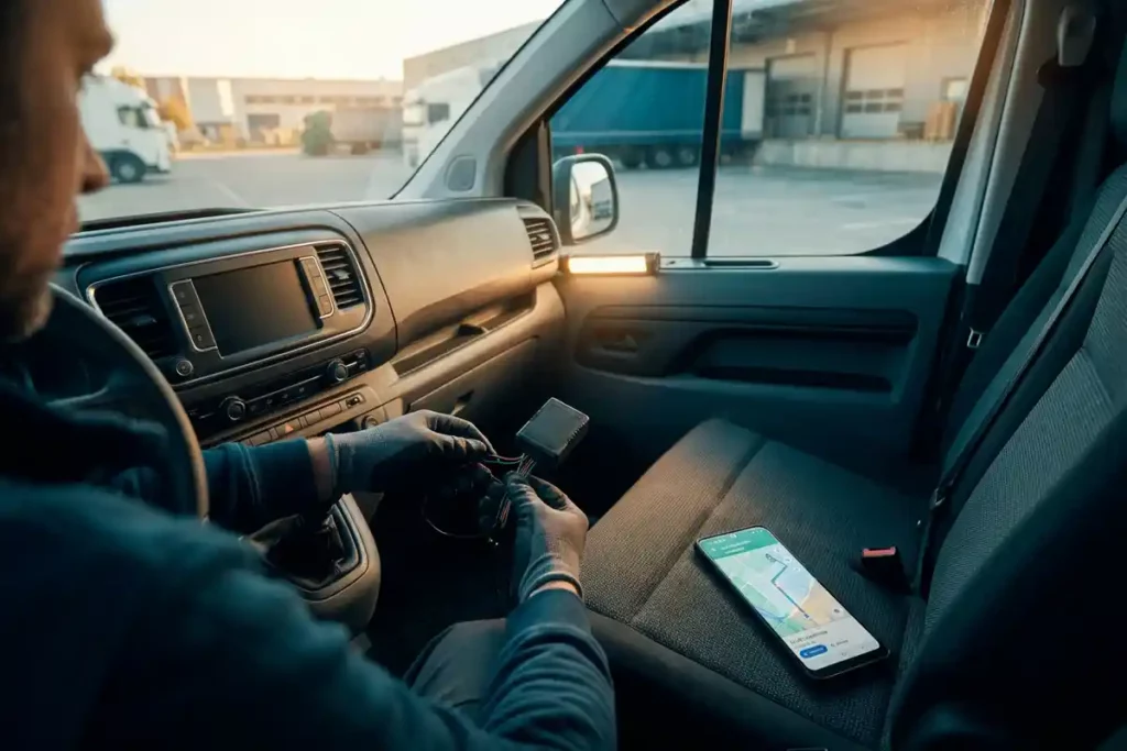 Technicus installeert GPS-tracker onder het dashboard van een witte bestelbus, met smartphone met live kaart op de passagiersstoel.