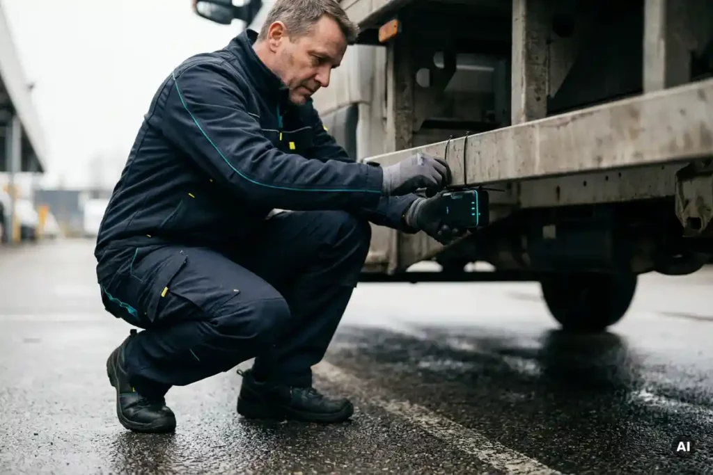 Technicus bevestigt zwarte GPS-tracker met kabelbinders onder het chassis van een bezorgbus op nat depotasfalt.