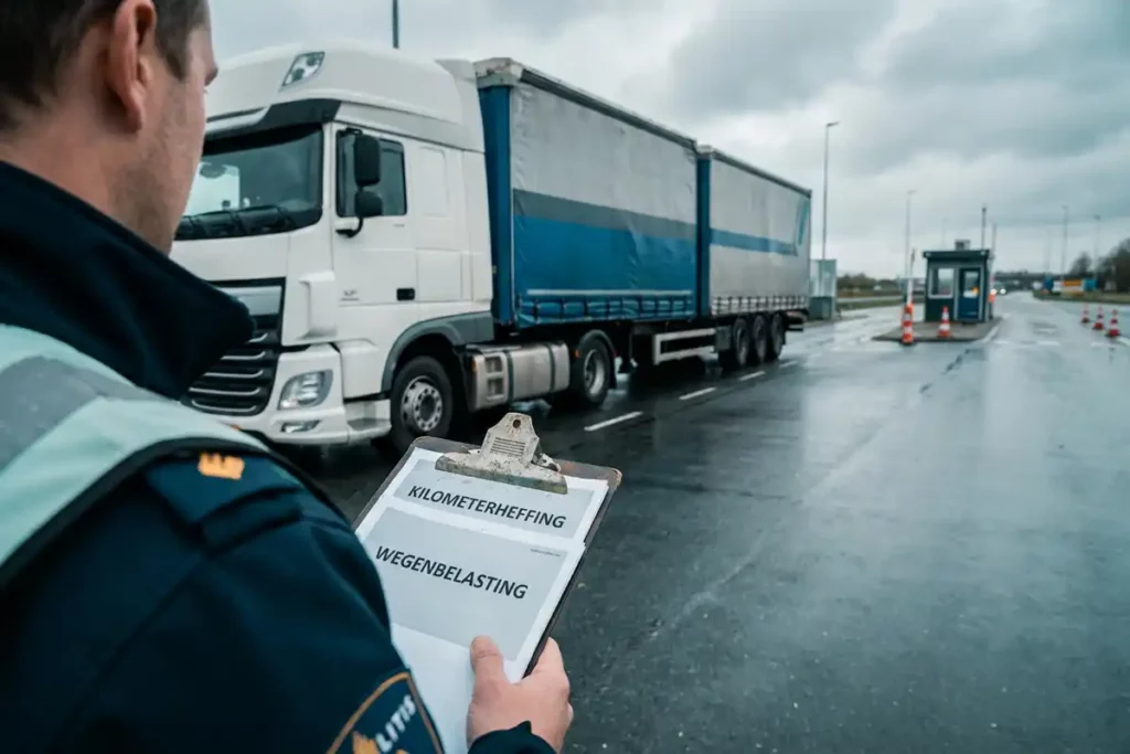 Transportinspecteur controleert documenten voor kilometerheffing en wegenbelasting op klembord bij wegcontrole, vrachtwagen op natte weg.