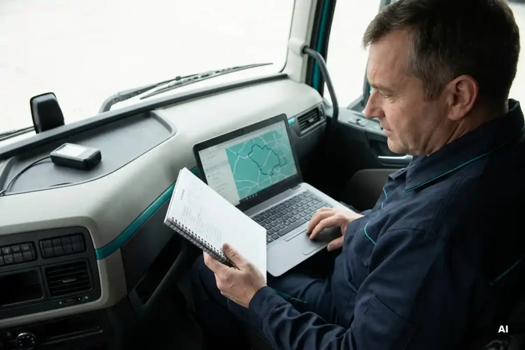 Vlootmonteur bekijkt kilometerlogboek naast laptop met routekaart in moderne vrachtwagencabine, GPS-tracker op dashboard.