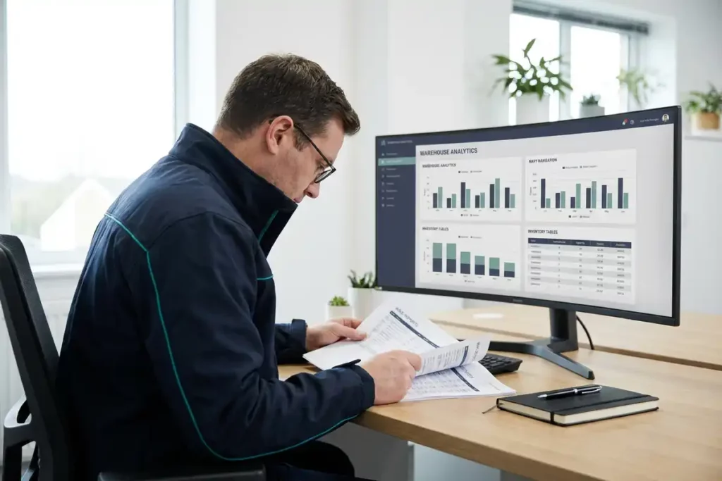 Vlootbeheerder in marineblauw werkkleding bestudeert WMS-rapporten aan een modern logistiek bureau met monitor met magazijnanalytics.