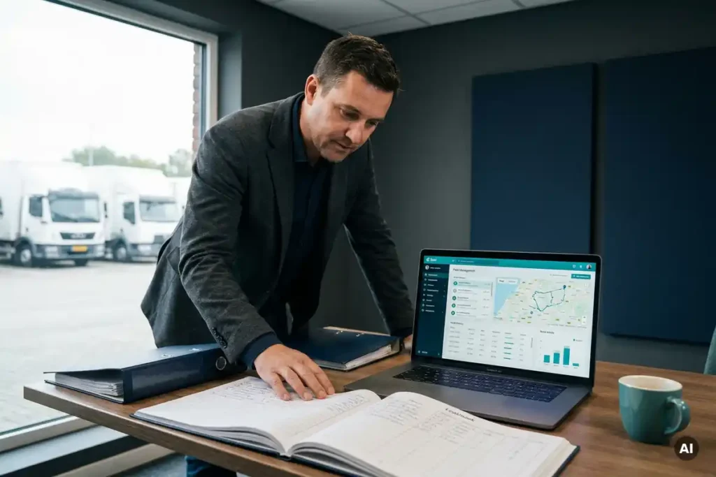 Vlootbeheerder vergelijkt papieren rittenregistratie met digitaal fleetdashboard op laptop in modern logistiek kantoor.