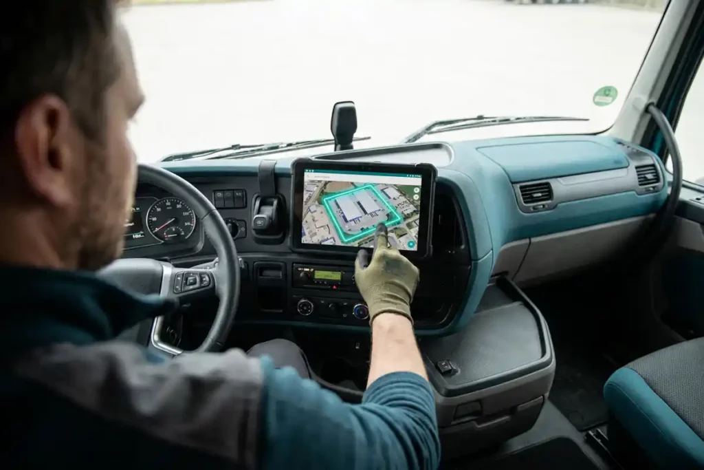 Vlootmanager configureert geofence-grens op tablet in vrachtwagencabine, digitale kaart toont oplichtende zone rond logistiek depot.
