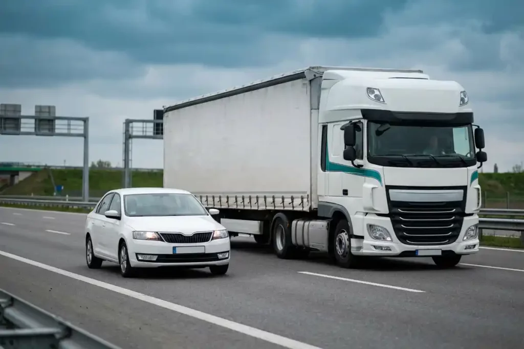 Witte personenauto en vrachtwagen met zijgordijn rijden naast elkaar op een Europese snelweg bij bewolkt daglicht.