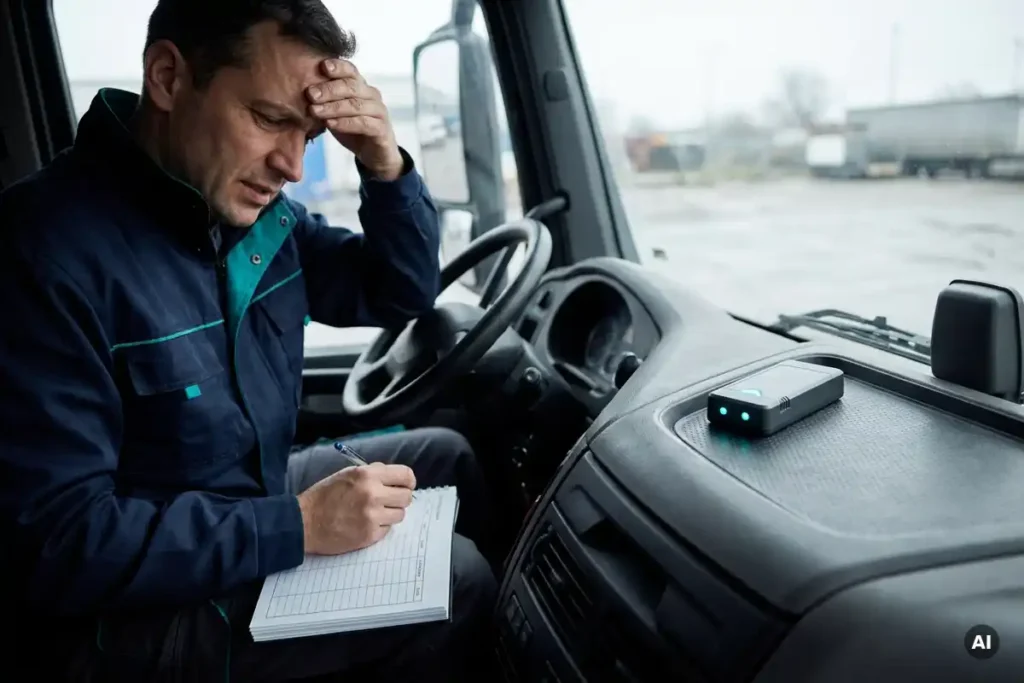 Gestresste wagenparkbeheerder in Europese vrachtwagencabine met leeg papieren rittenboek en GPS-tracker op dashboard.