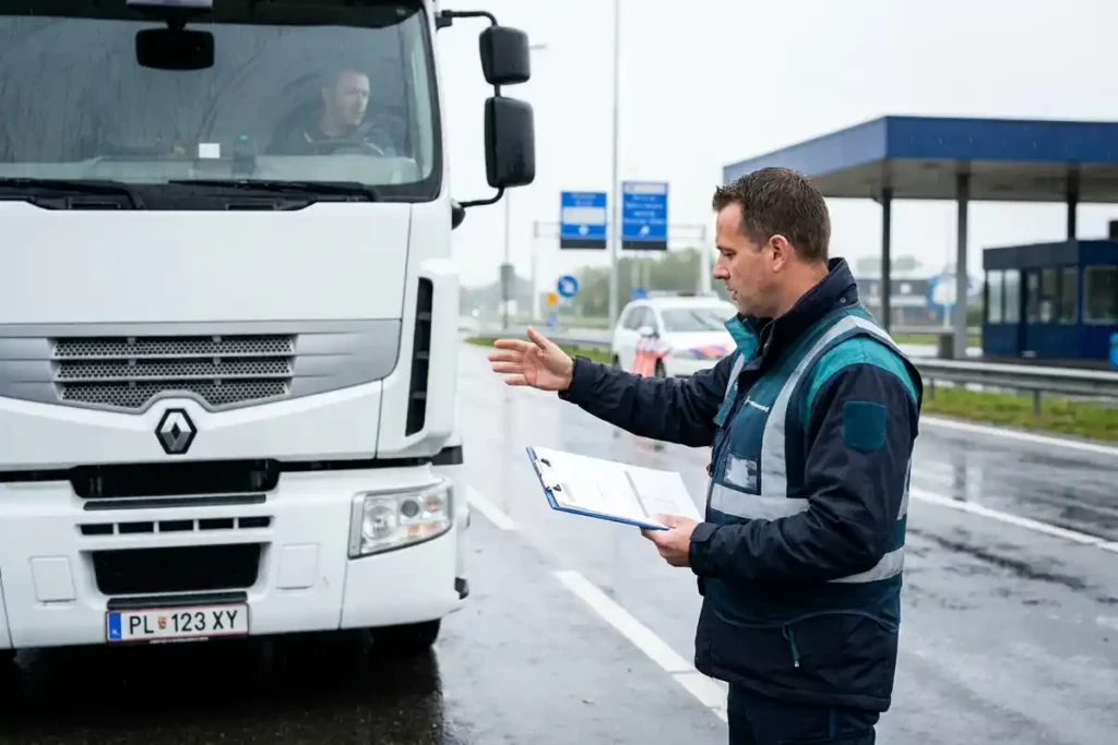Transportinspecteur in marineblauw werkkleding controleert nalevingsdocumenten van buitenlands geregistreerde vrachtwagen bij Nederlandse wegcontrole.